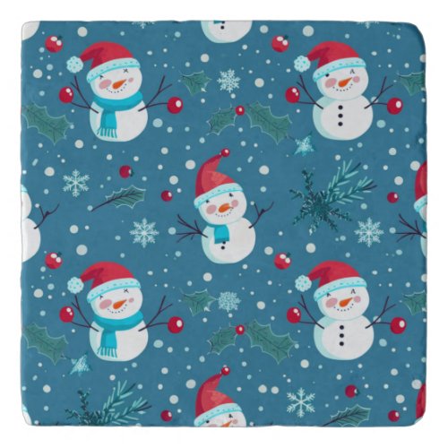 Blue Snowman and Holly Christmas Winter Holiday Trivet
