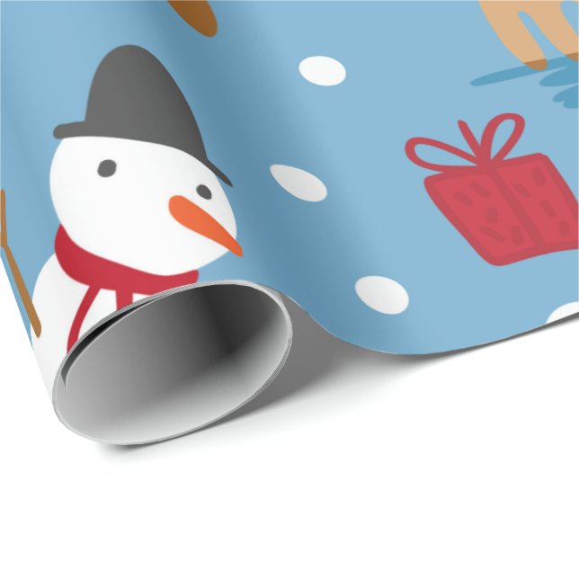 Blue Snowman and Red, Yellow Gifts  Wrapping Paper (Roll Corner)
