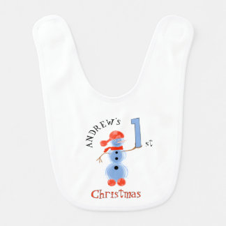 Blue snowman baby bib