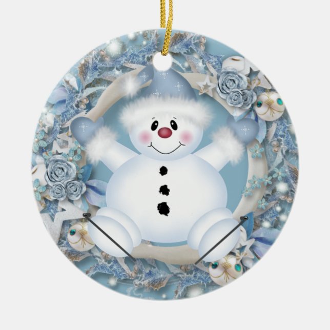 Blue Snowman Ceramic Ornament (Front)