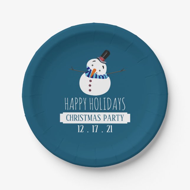 Blue Snowman, Christmas Party Paper Plates (Front)