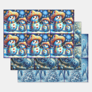 Blue Snowman Christmas Tree Baubles Decoupage Wrapping Paper Sheets