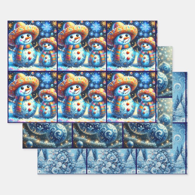 Blue Snowman Christmas Tree Baubles Decoupage Wrapping Paper Sheets (Set)