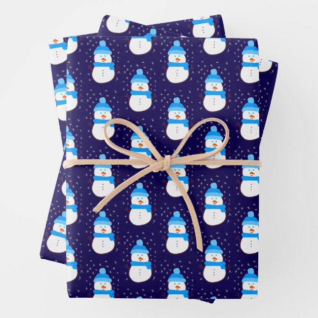 Blue Snowman in Flurry Wrapping Paper Sheets (In situ)