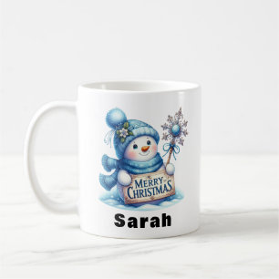 Blue Snowman Merry Christmas Sign Coffee Mug