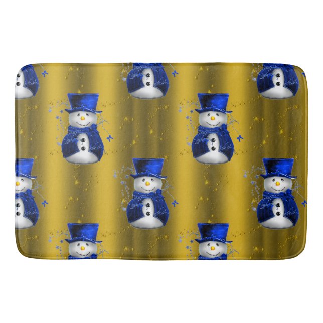Blue Snowman on Gold Christmas Bathroom Mat (Front)