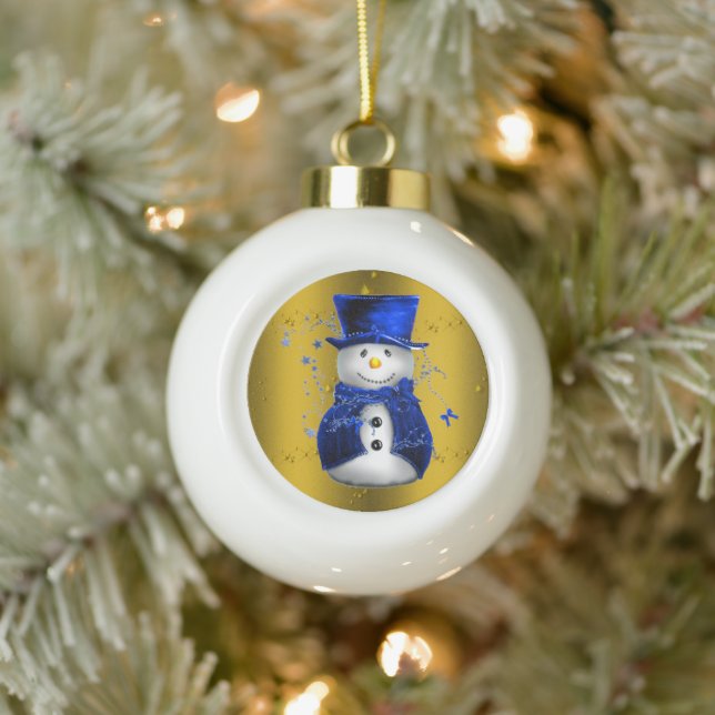 Blue Snowman on Gold Christmas Ceramic Ball Christmas Ornament (Tree)