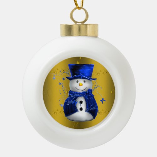 Blue Snowman on Gold Christmas Ceramic Ball Christmas Ornament