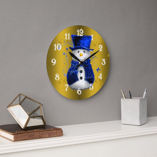 Blue Snowman on Gold Christmas Large Clock (Office)
