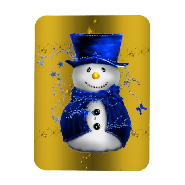 Blue Snowman on Gold Christmas Magnet (Vertical)