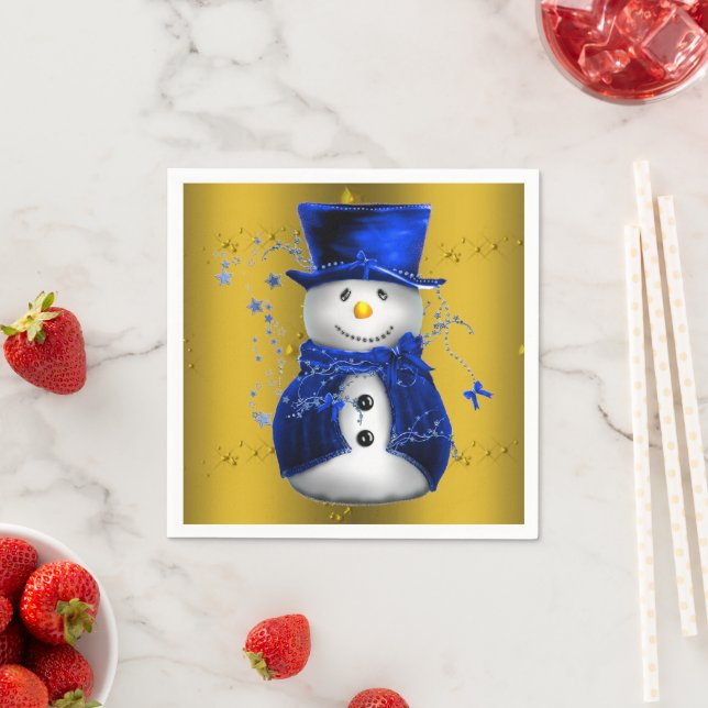 Blue Snowman on Gold Christmas Paper Napkins (Insitu)
