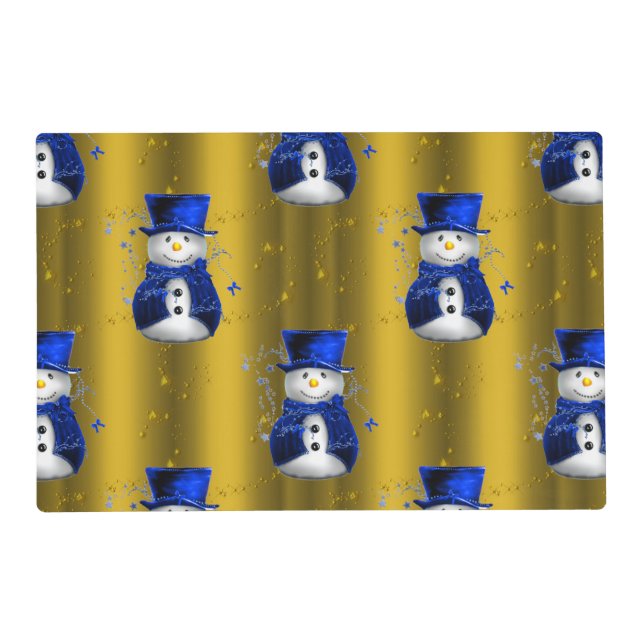 Blue Snowman on Gold Christmas Placemat (Front)