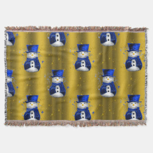 Blue Snowman on Gold Christmas Throw Blanket