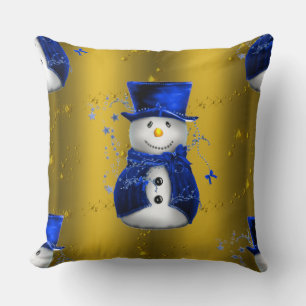 Blue Snowman on Gold Christmas Throw Pillow