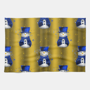 Blue Snowman on Gold Christmas Towel