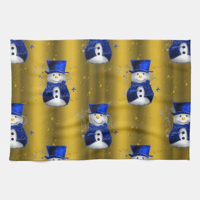Blue Snowman on Gold Christmas Towel (Horizontal)