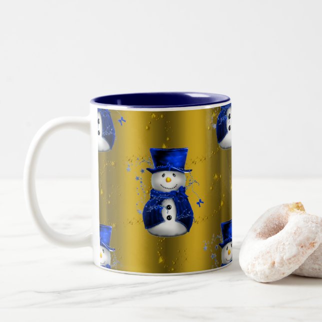 Blue Snowman on Gold Christmas Two-Tone Coffee Mug (With Donut)