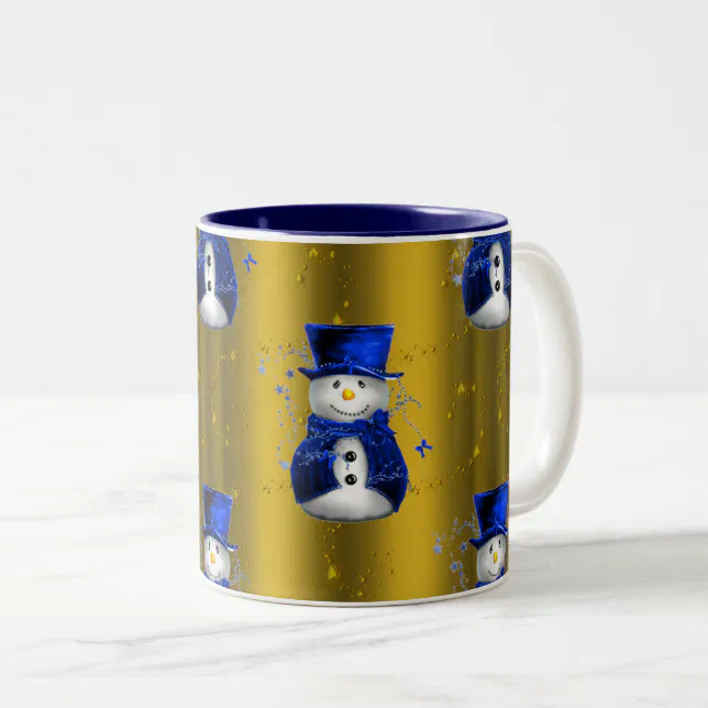 Blue Snowman on Gold Christmas Two-Tone Coffee Mug | Zazzle