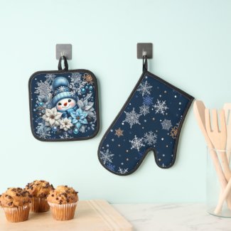 Blue Snowman Oven Mitt and Pot Holders
