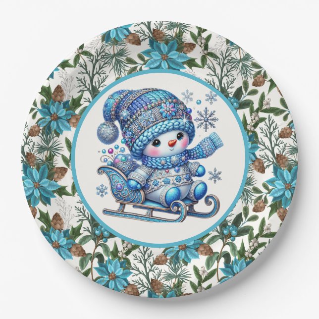 Blue Snowman Paper Plates (Front)