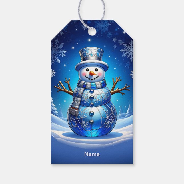 Blue Snowman Snowflakes Holiday Gift Tag (Front)