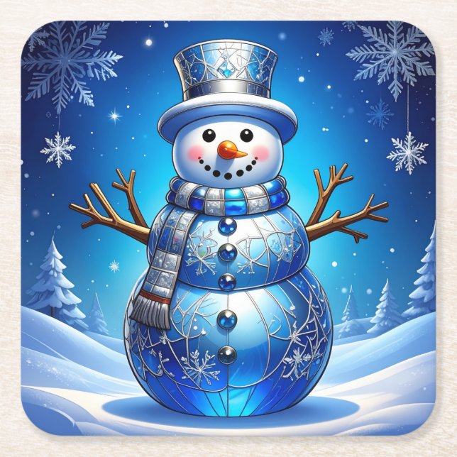 Blue Snowman Snowflakes Holiday Paper Coaster (Front)