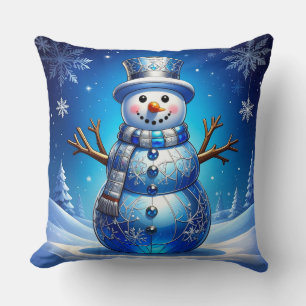 Blue Snowman Snowflakes Throw Pillow