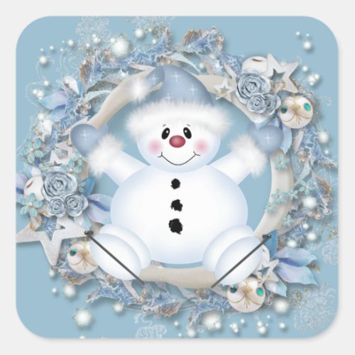 Blue Snowman Square Sticker