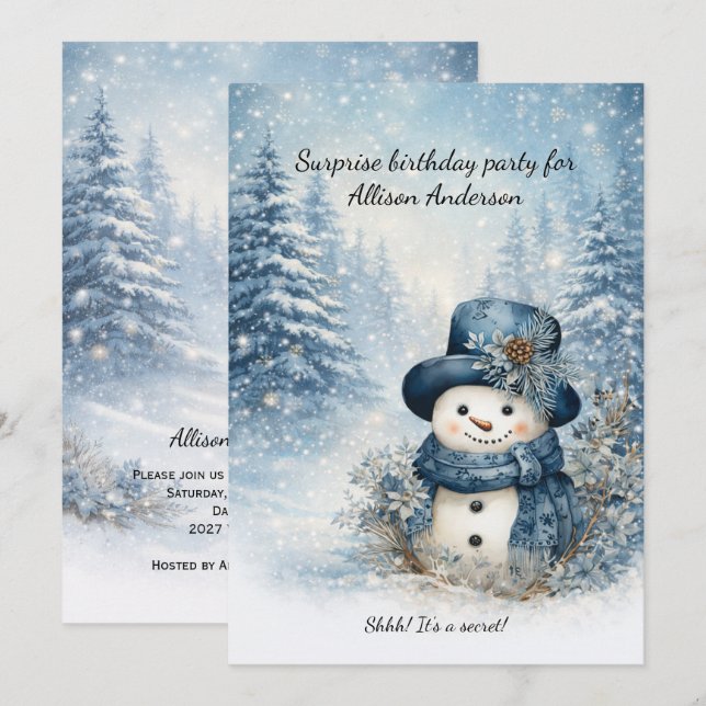 Blue Snowman Surprise Birthday Party | Invitation (Front/Back)