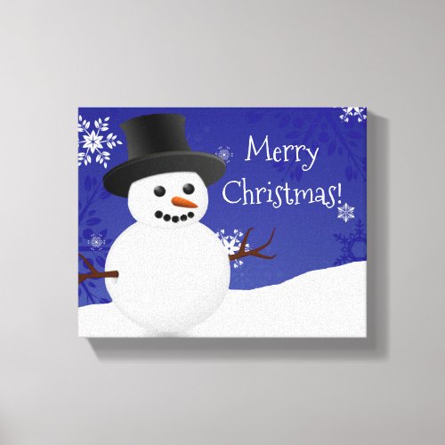 Blue Snowman Winter Scene Christmas Canvas Print