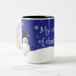 Blue Snowman Winter Scene Christmas Mug<br><div class="desc">Enjoy your morning coffee during the holiday season with this whimsical Blue Snowman Winter Scene Christmas Mug. Coffee mug design features a happy snowman in a snowy wintry scene against a royal blue background adorned with matching color snowflakes with the saying "My cup of cheer". Additional gift and holiday items...</div>