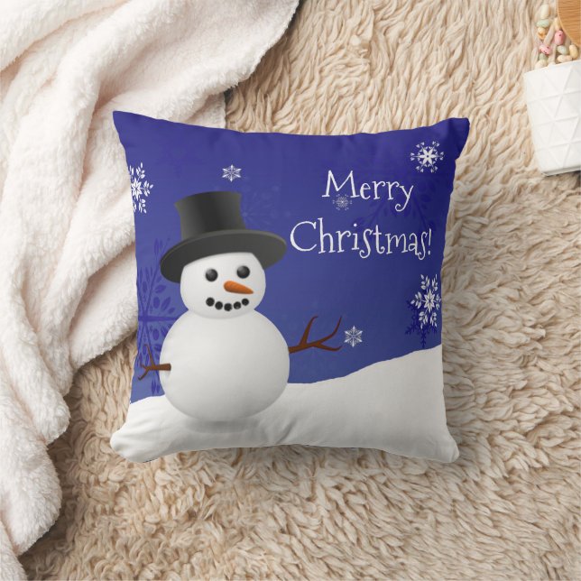 Blue Snowman Winter Scene Christmas Throw Pillow (Blanket)