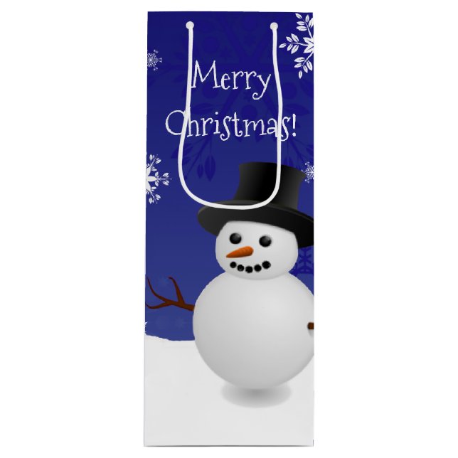 Blue Snowman Winter Scene Christmas Wine Gift Bag (Front)