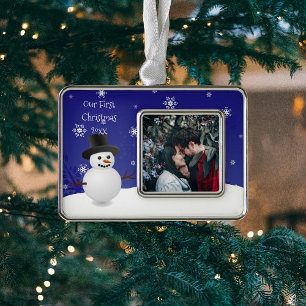 Blue Snowman Winter Scene Framed Photo First Christmas Ornament