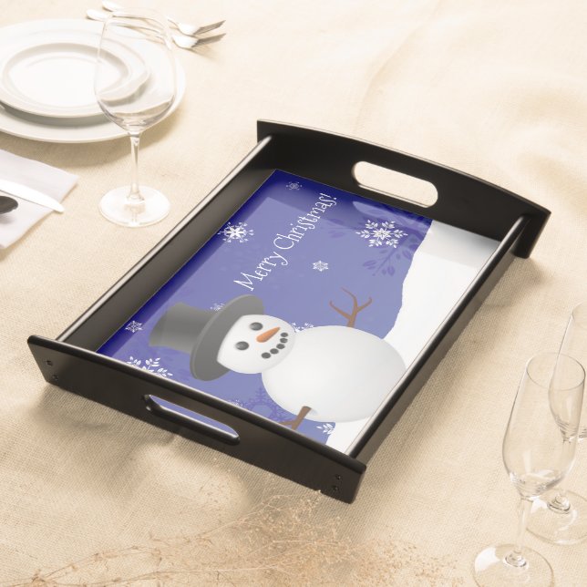 Blue Snowman Winter Scenery Christmas Serving Tray (Front)
