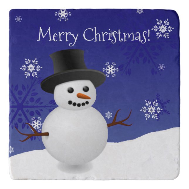 Blue Snowman Winter Scenery Christmas Trivet (Front)