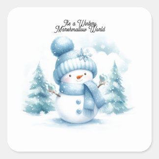 Blue Snowman Wintery Marshmallow World  Square Sticker