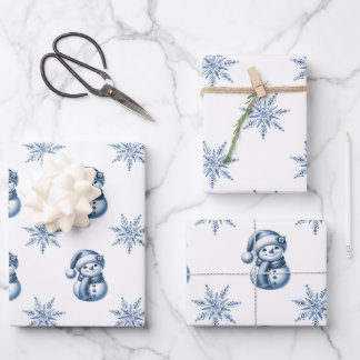 Blue Snowmen Christmas Wrapping Paper Sheets