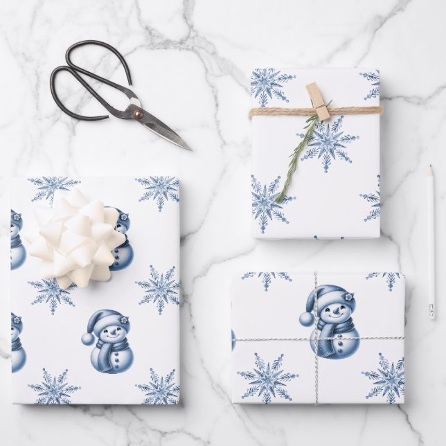 Blue Snowmen Christmas  Wrapping Paper Sheets (Front)