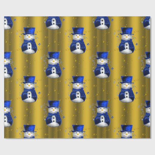 Blue Snowmen on Gold Christmas Wrapping Paper Zazzle