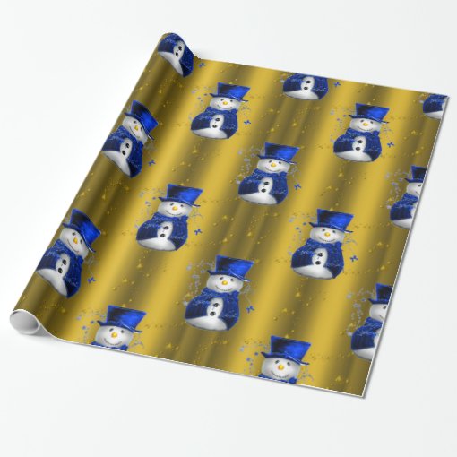 Blue Snowmen on Gold Christmas Wrapping Paper Zazzle