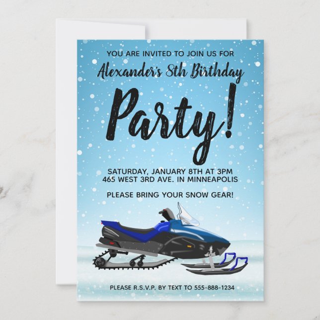 Blue Snowmobile Winter Birthday Party Invitation (Front)