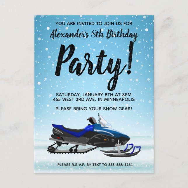 Blue Snowmobile Winter Birthday Party Postcard (Front)