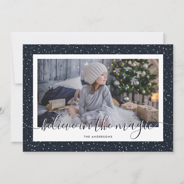 Blue Snowy Believe In the Magic Photo Holiday Card (Front)
