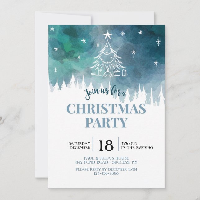 Blue Snowy Christmas Party Invitation (Front)
