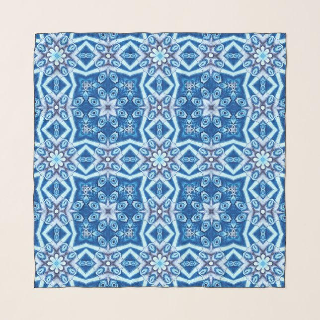 Blue snowy floral square tile pattern scarf (Front)