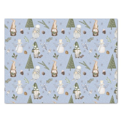 Blue Snowy Forest Christmas Gnomes Pattern Tissue Paper