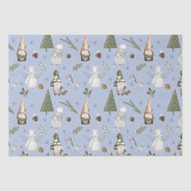 Blue Snowy Forest Christmas Gnomes Pattern Tissue Paper (Front)