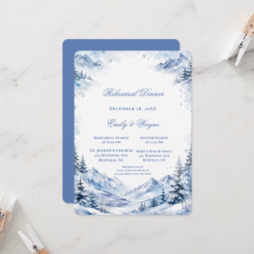 Blue Snowy Mountains Rehearsal Dinner Invitation