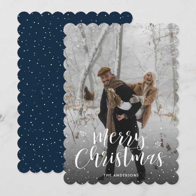 Blue Snowy Photo Merry Christmas Card (Front/Back)